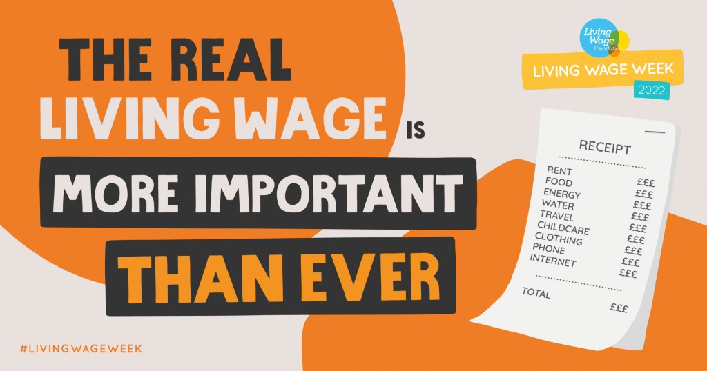 Image from Living Wage week foundation. Picture of a shopping receipt reflecting higher prices. Text reads "The real living wage is more important than ever"